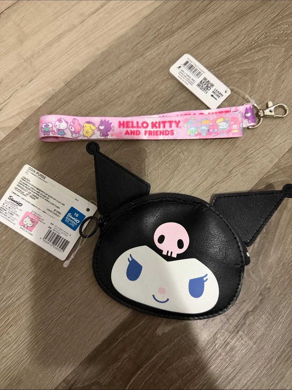 Hello Kitty Kuromi Black Coin Pouch with Pink Skull and Pink Strap